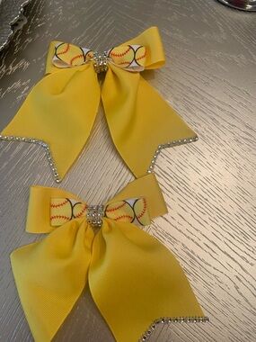 Yellow Baseball Ribbon Hair Bows with Rhinestone Accent - Kids Accessories